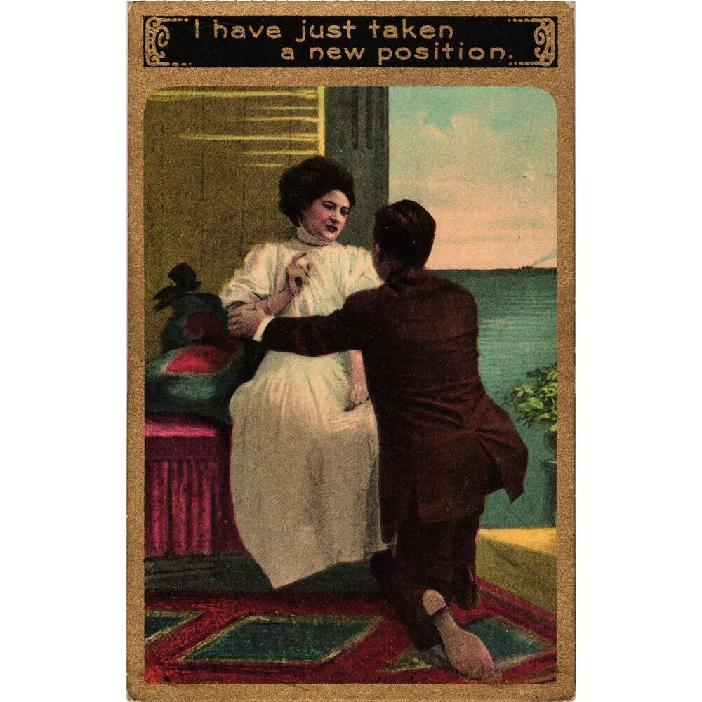 Romantic‎ Humor Postcard Taken New Position Couple Bended Knee Antique Unposted